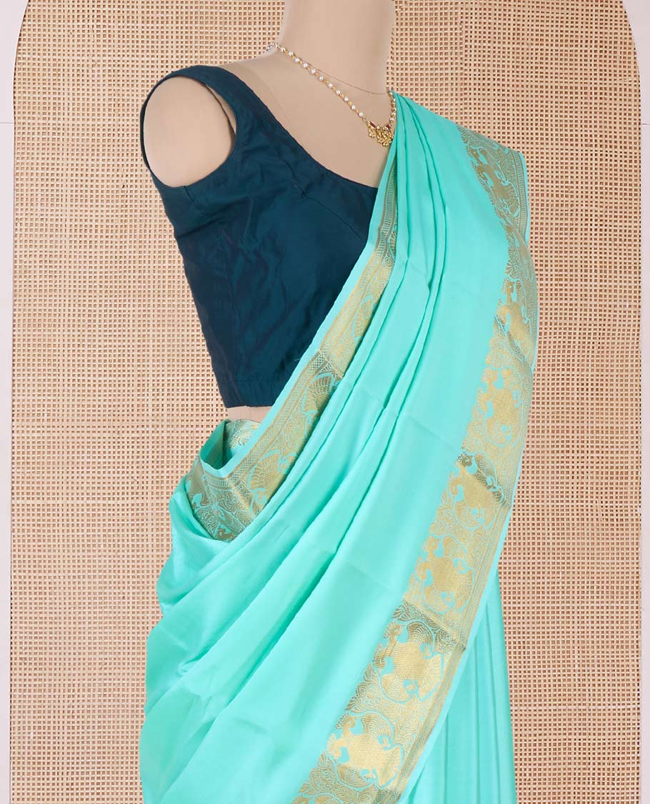 Green plain Mysore silk saree, two-headed eagle motifs zari border, and pallu - Image 3