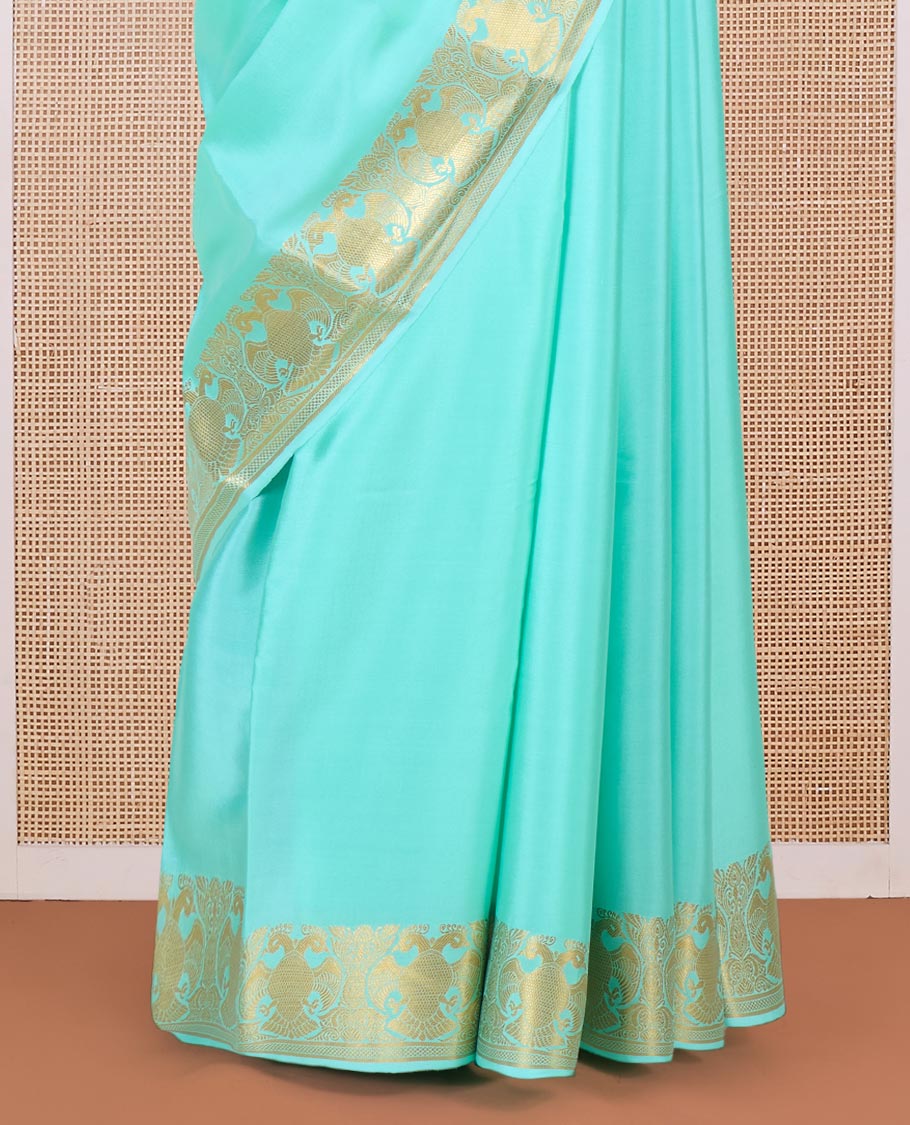 Green plain Mysore silk saree, two-headed eagle motifs zari border, and pallu - Image 4