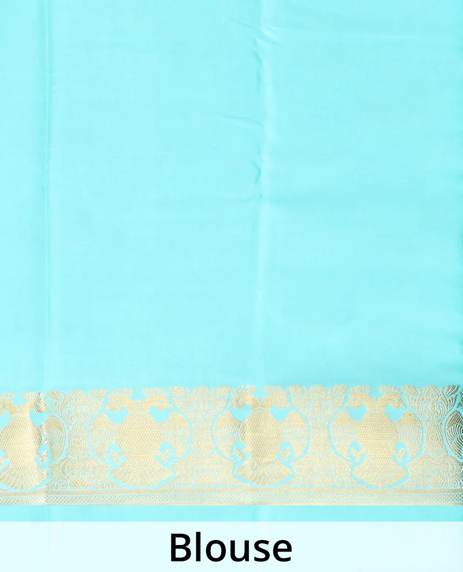 Green plain Mysore silk saree, two-headed eagle motifs zari border, and pallu - Image 5