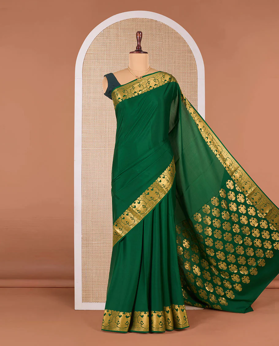 Green plain Mysore silk saree, two-headed eagle motifs zari woven border, and pallu steeped with two-headed eagle motifs - Image 2