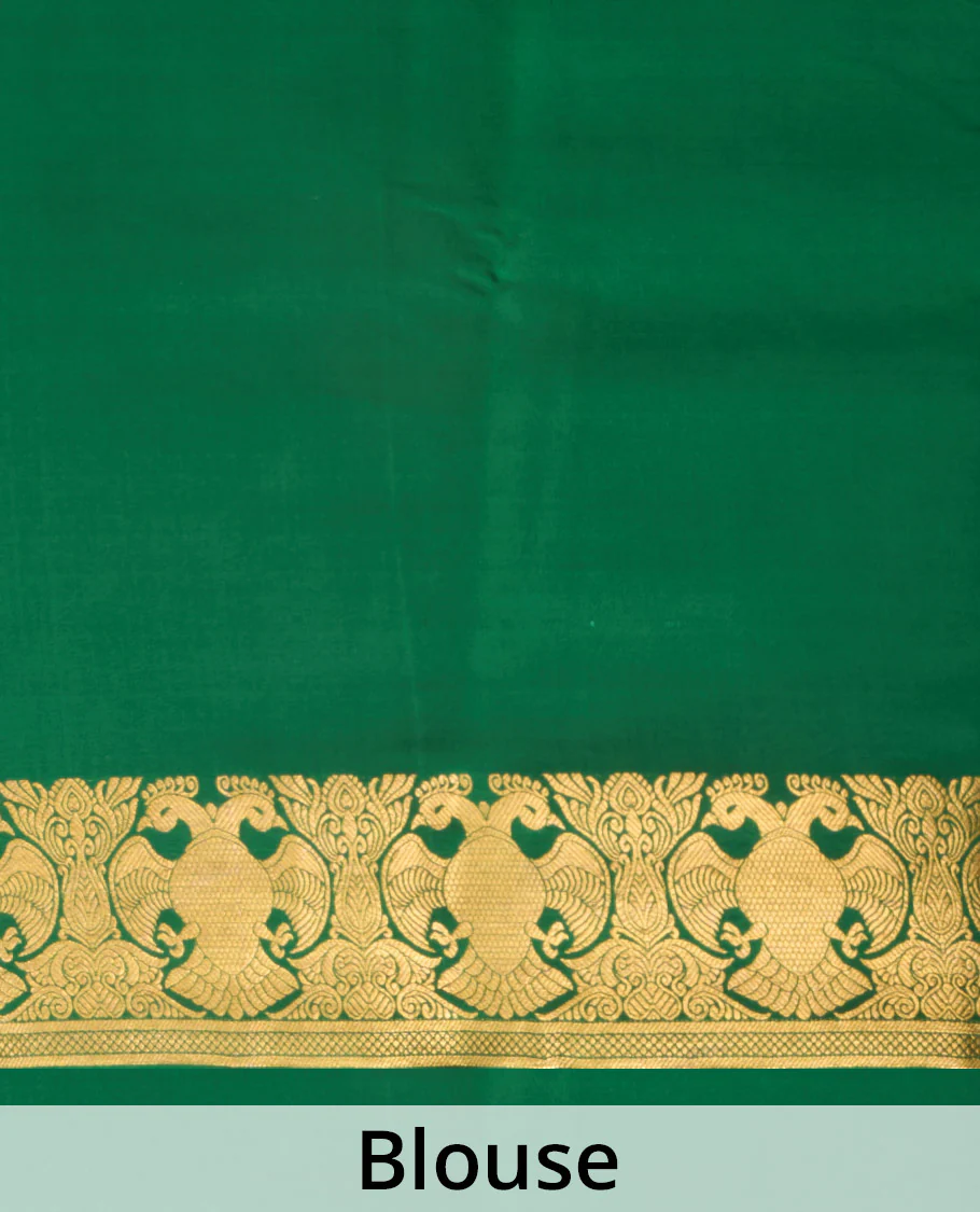 Green plain Mysore silk saree, two-headed eagle motifs zari woven border, and pallu steeped with two-headed eagle motifs - Image 3
