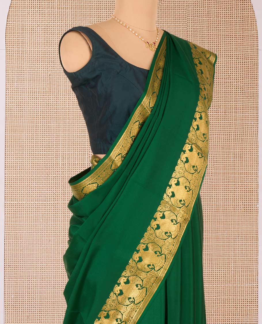 Green plain Mysore silk saree, two-headed eagle motifs zari woven border, and pallu steeped with two-headed eagle motifs - Image 4