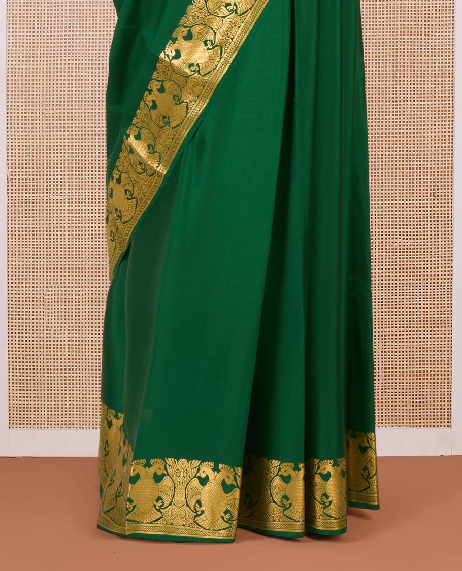 Green plain Mysore silk saree, two-headed eagle motifs zari woven border, and pallu steeped with two-headed eagle motifs - Image 5