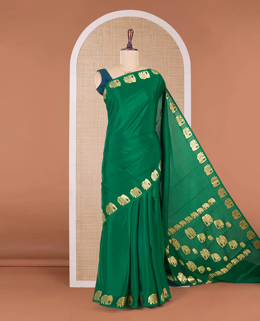 Green plain Mysore silk saree with elephant motifs zari border, and pallu of miniatures of elephant motifs - Image 2