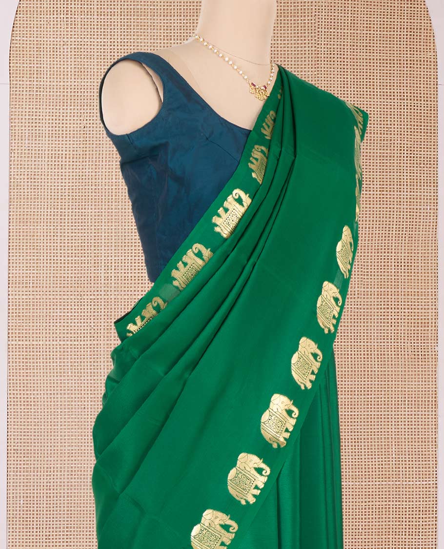 Green plain Mysore silk saree with elephant motifs zari border, and pallu of miniatures of elephant motifs - Image 3