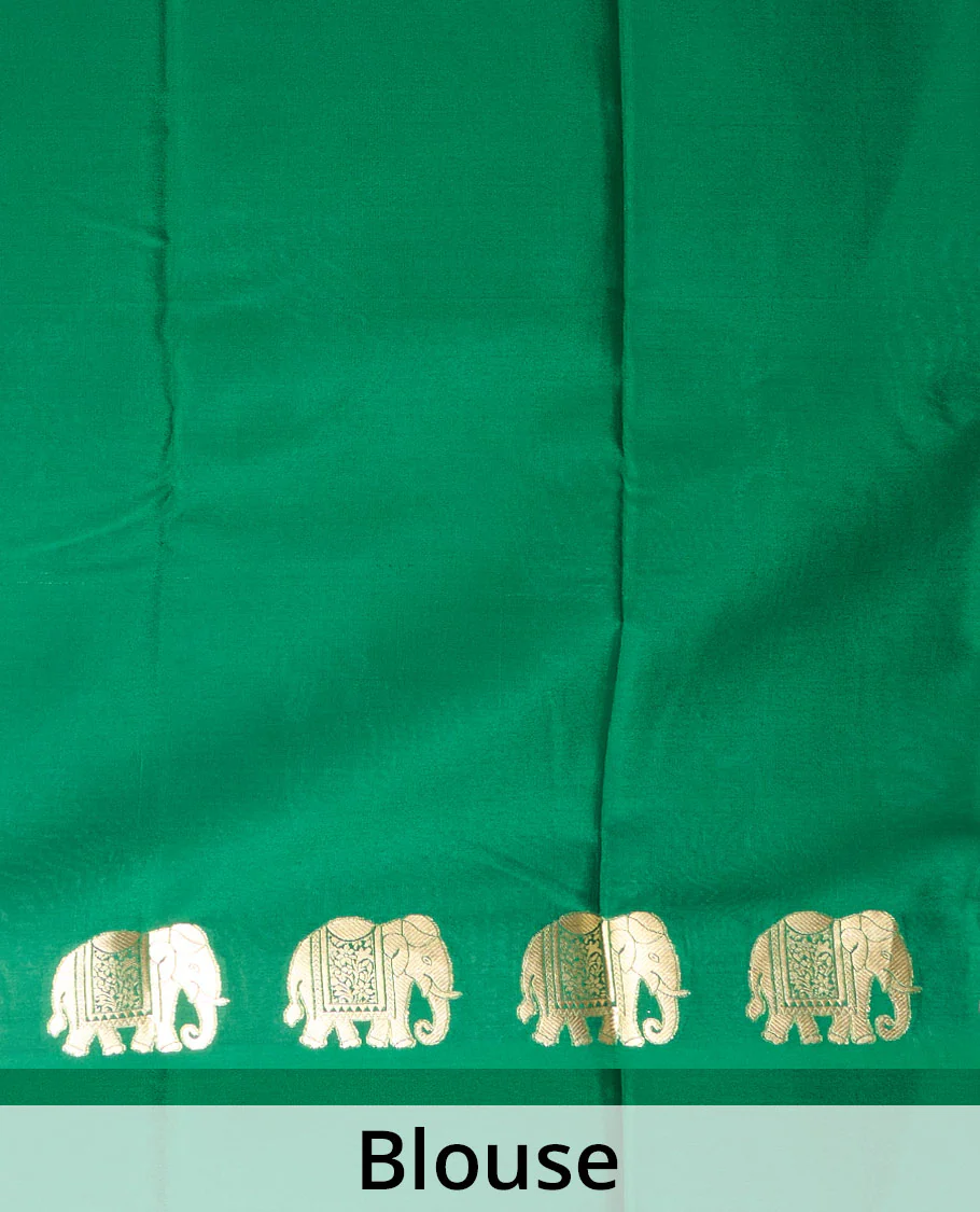 Green plain Mysore silk saree with elephant motifs zari border, and pallu of miniatures of elephant motifs - Image 5