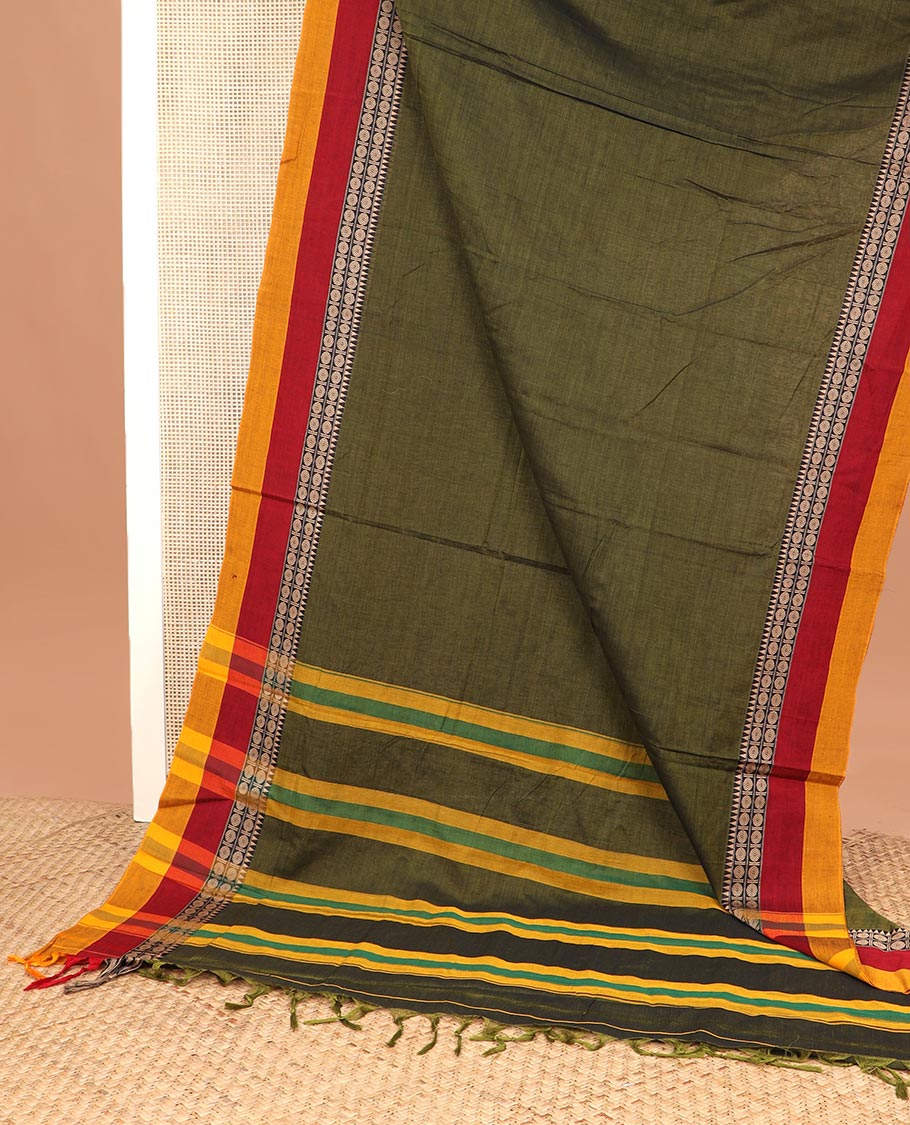 Green plain Narayanapet cotton saree, contrast rudraksham and temple motifs thread woven border, and striped pallu - Image 2