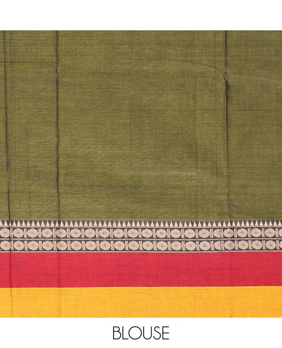 Green plain Narayanapet cotton saree, contrast rudraksham and temple motifs thread woven border, and striped pallu - Image 3