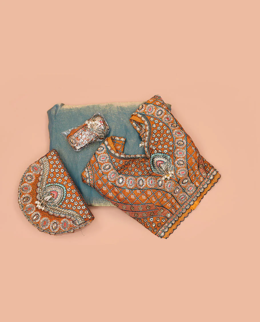 Green Plain Party Wear Designer Saree, Complemented with a Contrast Sweetheart Neck Heavy Embroidered Elbow Sleeve Readymade Blouse, Detachable Embroidered Belt, and a Free Embroidered Flap Sling Bag - Image 3