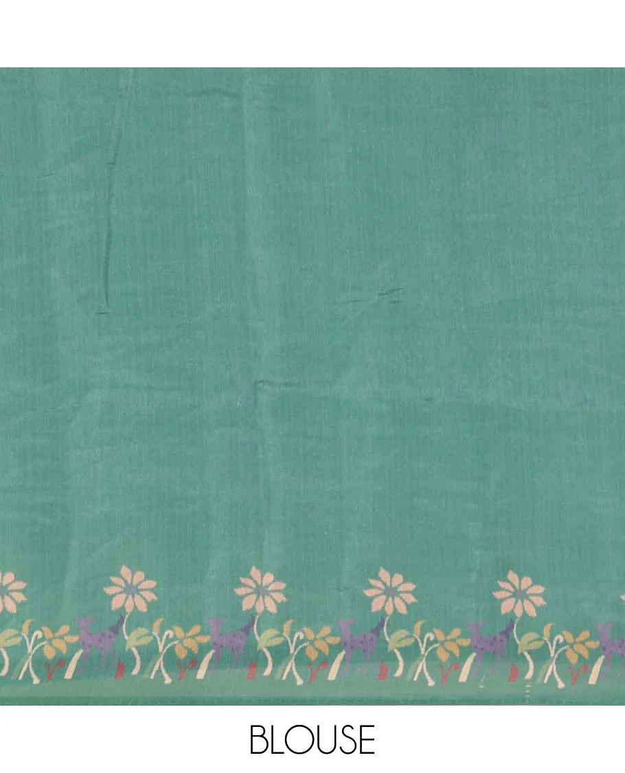 Green pochampally ikkat style geometric printed fancy tussar saree, contrast floral motifs thread embroidered border, ikkat printed pallu, and plain blouse - Image 4