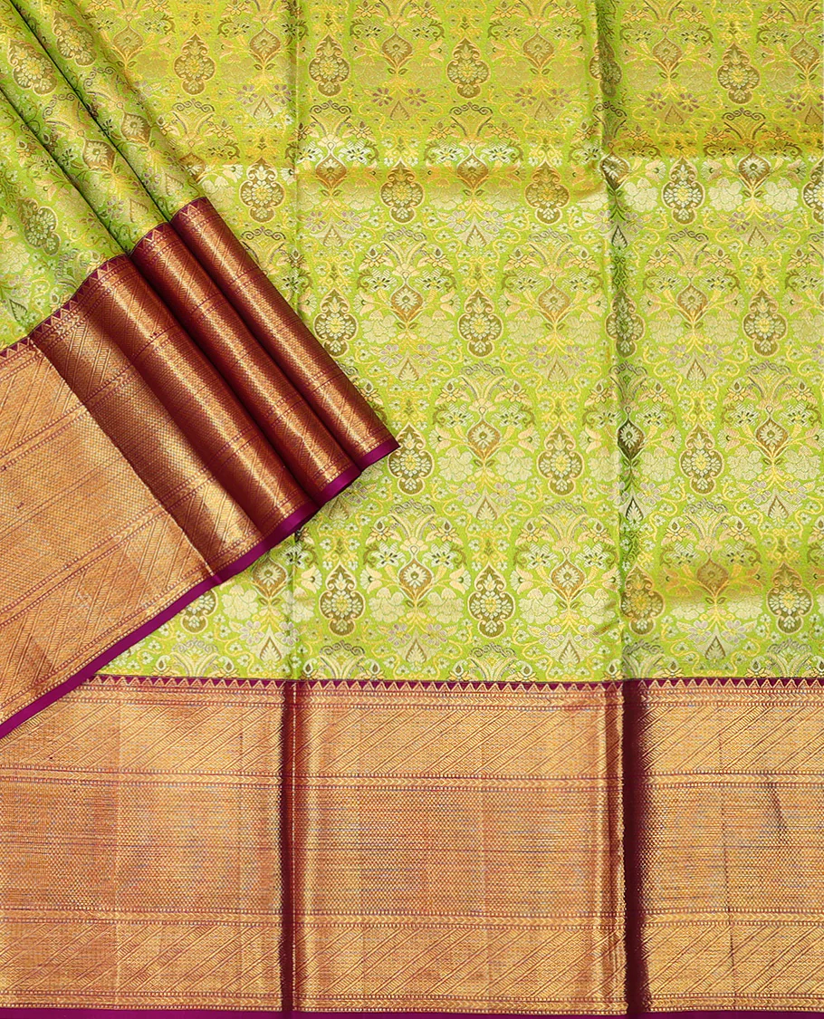 Green Pure Silk Half-Saree Artfully Detailed with Jacquard Design on Its Skirt, Complemented by a Contrast Border Featuring Rekku, Muthu, Kathir, and Mayil Kann Designs, Comes with a Contrast Jacquard Blouse and a Dhavani of Geometric Zari Designs - Image 2