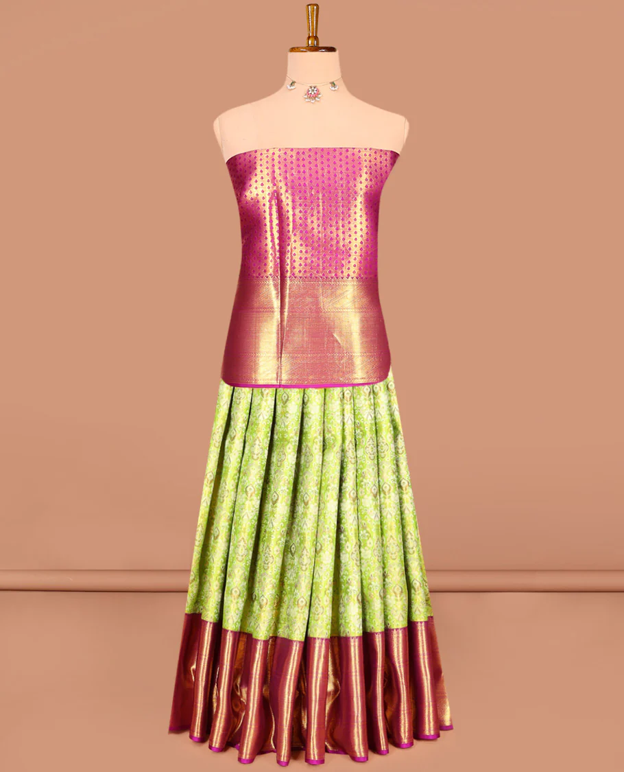 Green Pure Silk Half-Saree Artfully Detailed with Jacquard Design on Its Skirt, Complemented by a Contrast Border Featuring Rekku, Muthu, Kathir, and Mayil Kann Designs, Comes with a Contrast Jacquard Blouse and a Dhavani of Geometric Zari Designs - Image 3