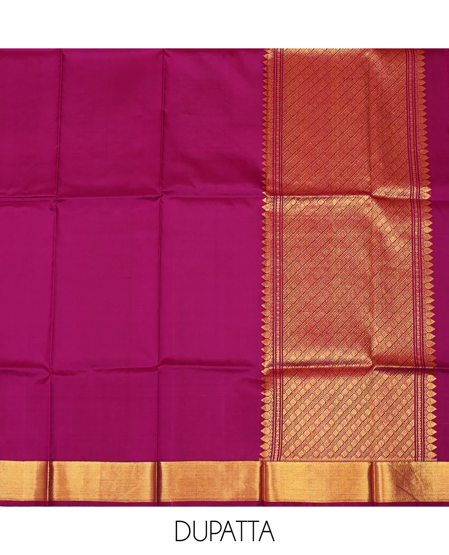 Green Pure Silk Half-Saree Artfully Detailed with Jacquard Design on Its Skirt, Complemented by a Contrast Border Featuring Rekku, Muthu, Kathir, and Mayil Kann Designs, Comes with a Contrast Jacquard Blouse and a Dhavani of Geometric Zari Designs - Image 5