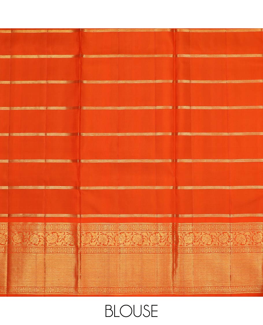 Green pure-silk half-saree, chakram butta enclosed checked skirt, contrast kodi visiry and mayil kann  border, zari design blouse, and manga butta enclosed jaal dhavani - Image 6