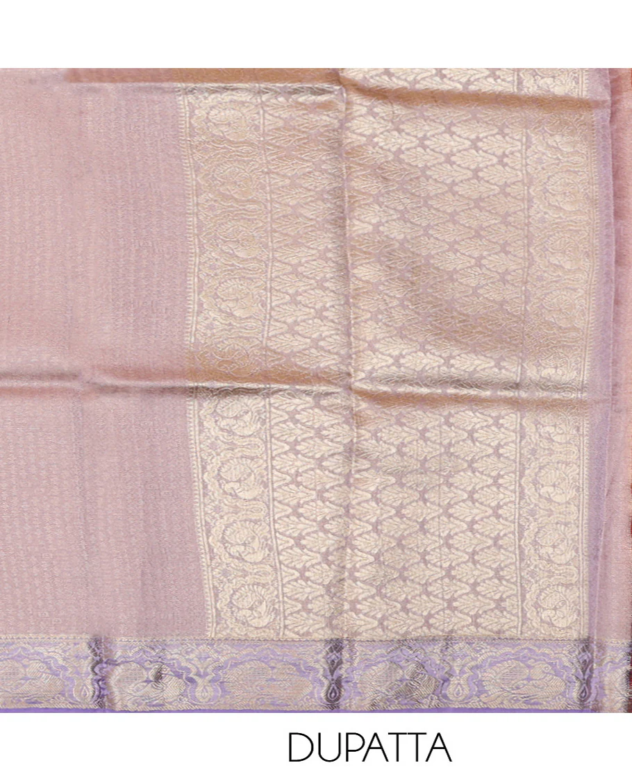Green Pure Silk Half-Saree Meticulously Crafted with Jacquard Weave on Its Skirt, Complemented by a Contrast Border Featuring Thilakam Mokku, Annam, Chakram, and Yaali Designs, Comes with a Contrast Blouse and a Dhavani of Intricate Zari Designs - Image 4
