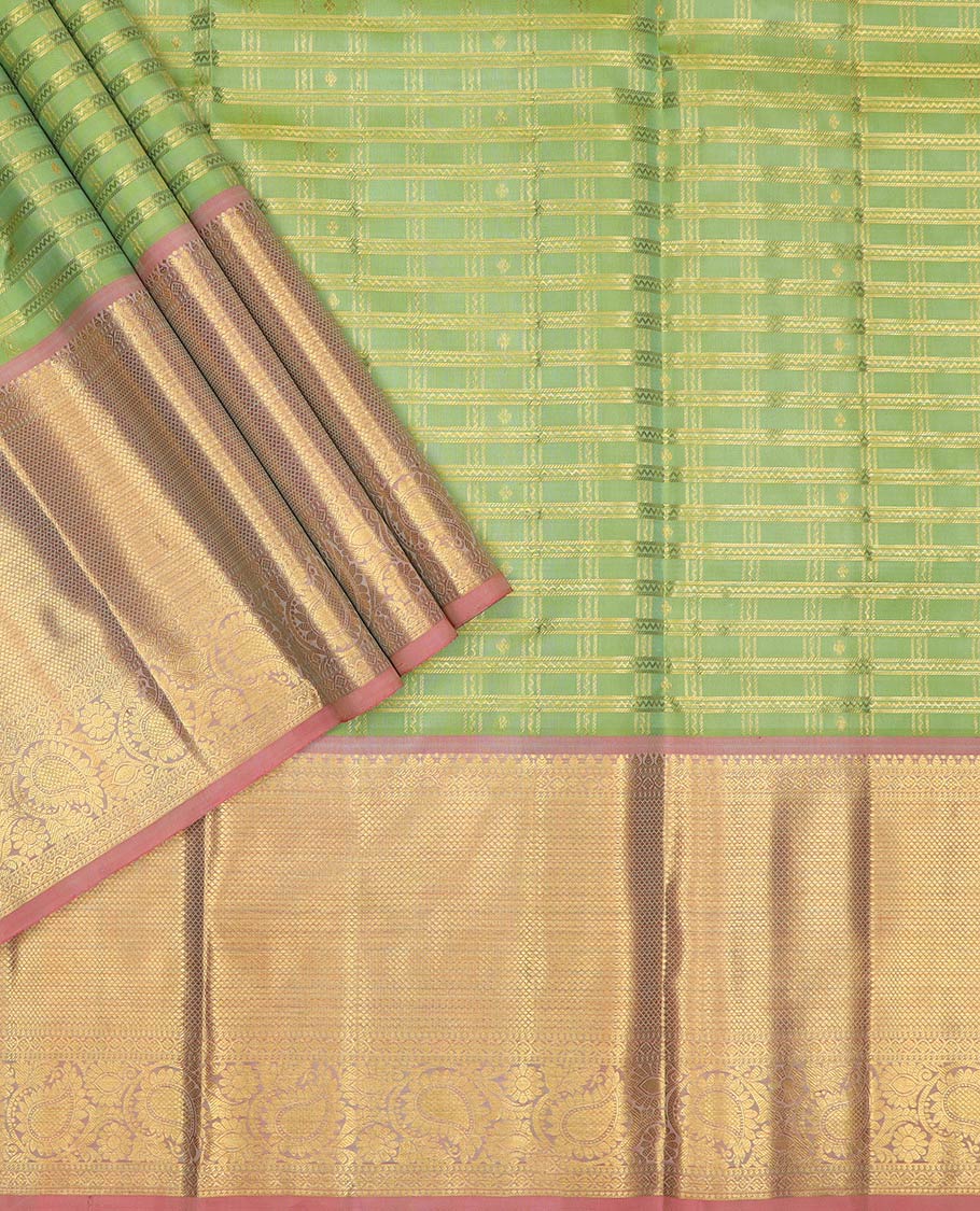 Green pure-silk half-saree, zari buttas and checked skirt, contrast kuyil kann and kodi manga border, zari design blouse, and a intricate zari woven dhavani - Image 2
