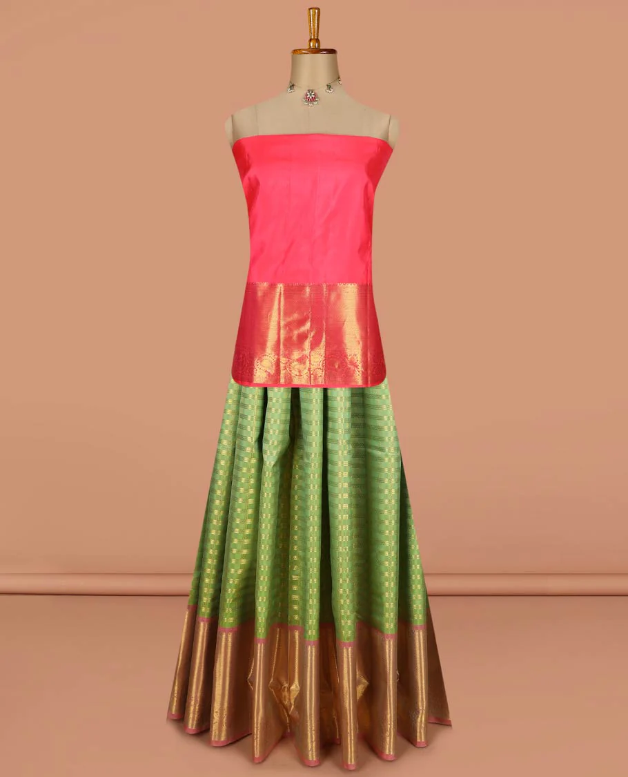 Green pure-silk half-saree, zari buttas and checked skirt, contrast kuyil kann and kodi manga border, zari design blouse, and a intricate zari woven dhavani - Image 3