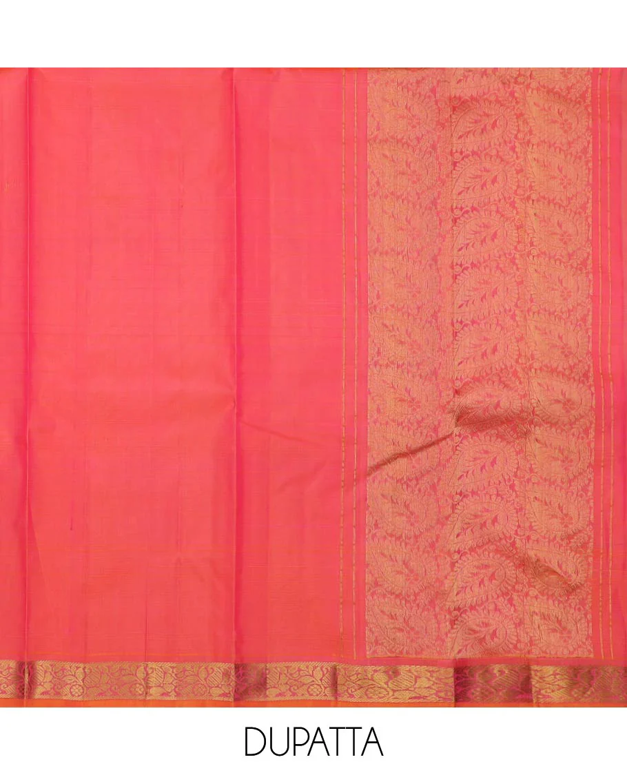 Green pure-silk half-saree, zari buttas and checked skirt, contrast kuyil kann and kodi manga border, zari design blouse, and a intricate zari woven dhavani - Image 5
