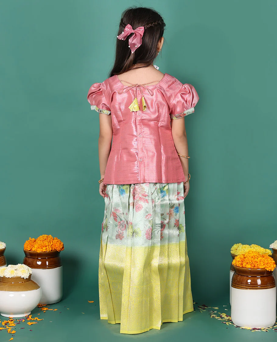 Green readymade art silk pavadai, floral print & contrast traditional zari border skirt, & embroidered puff-sleeve round-neck blouse - Image 5