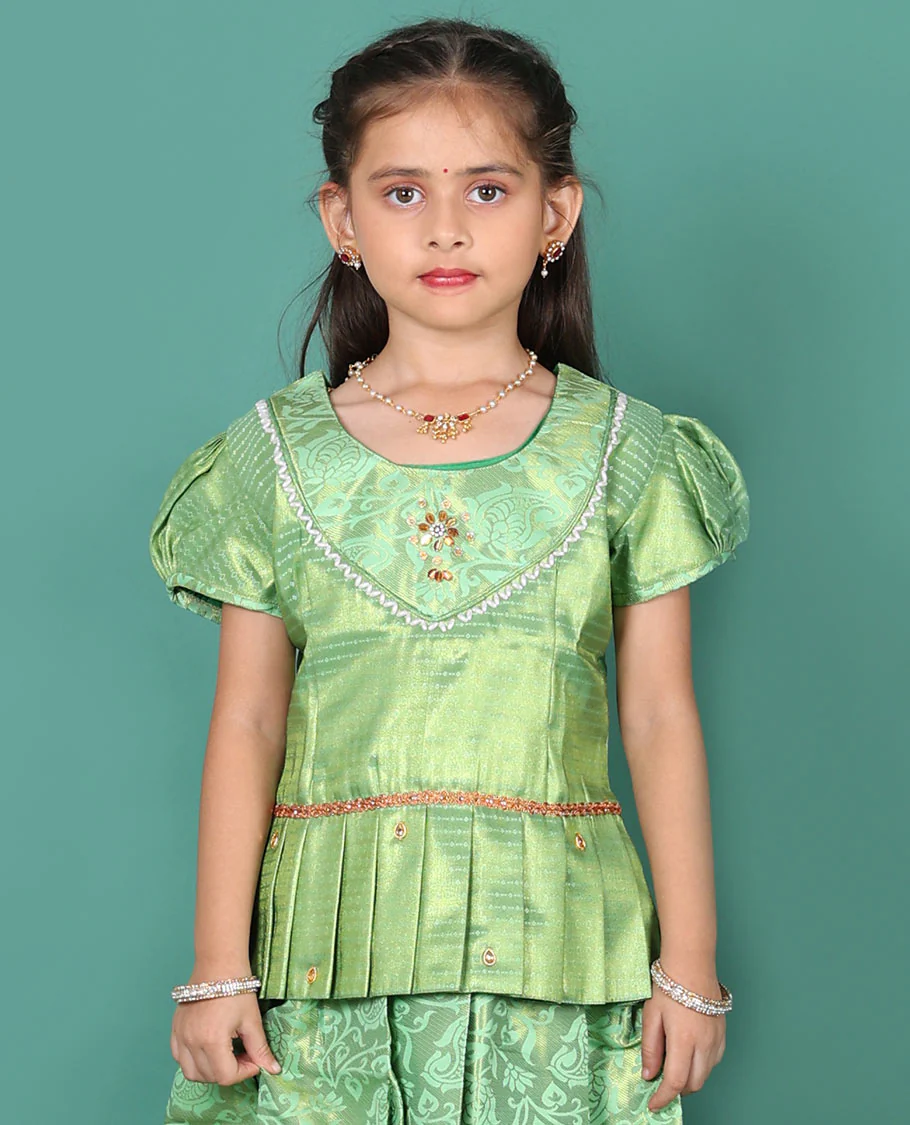 Green readymade art silk pavadai set, floral jaal jacquard with traditional zari border skirt, jacquard embroidered puff-sleeve blouse - Image 2