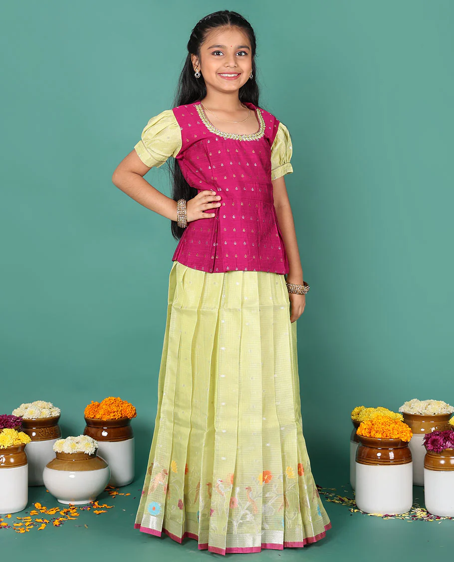 Green readymade art silk pavadai, zari buttas & floral vine border skirt & contrast zari buttas round neck puff-sleeve blouse