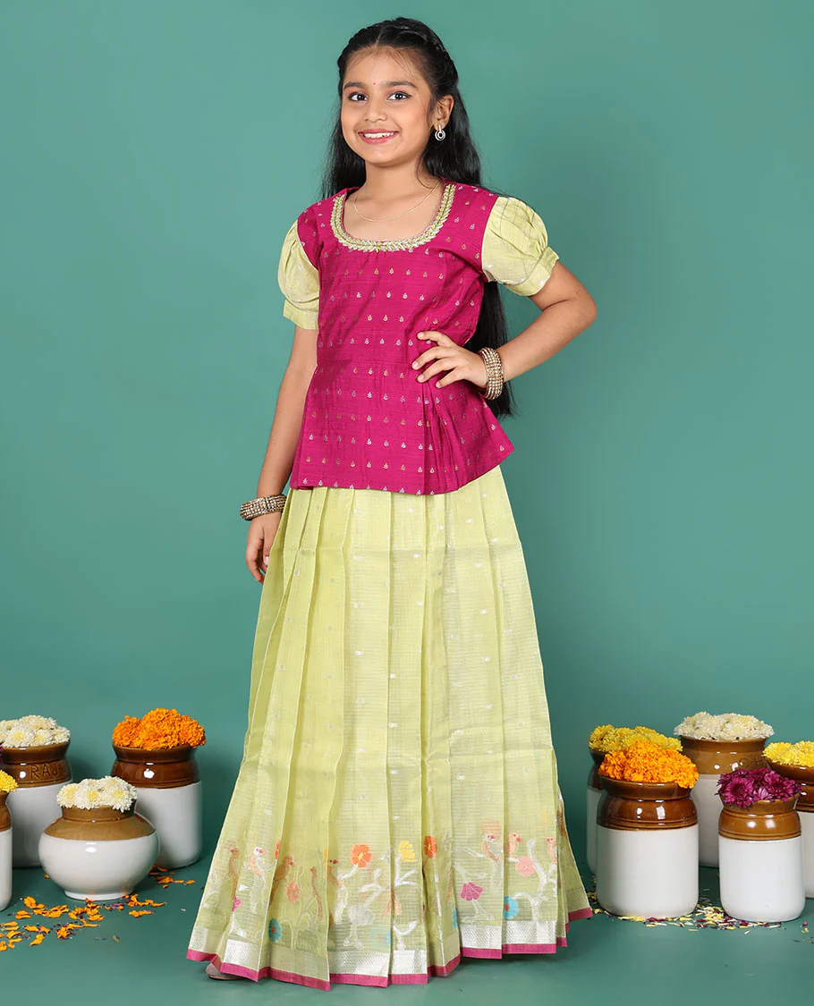 Green readymade art silk pavadai, zari buttas & floral vine border skirt & contrast zari buttas round neck puff-sleeve blouse - Image 3
