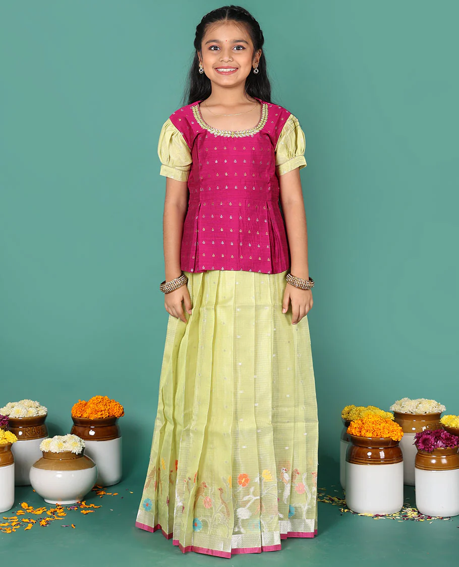Green readymade art silk pavadai, zari buttas & floral vine border skirt & contrast zari buttas round neck puff-sleeve blouse - Image 4