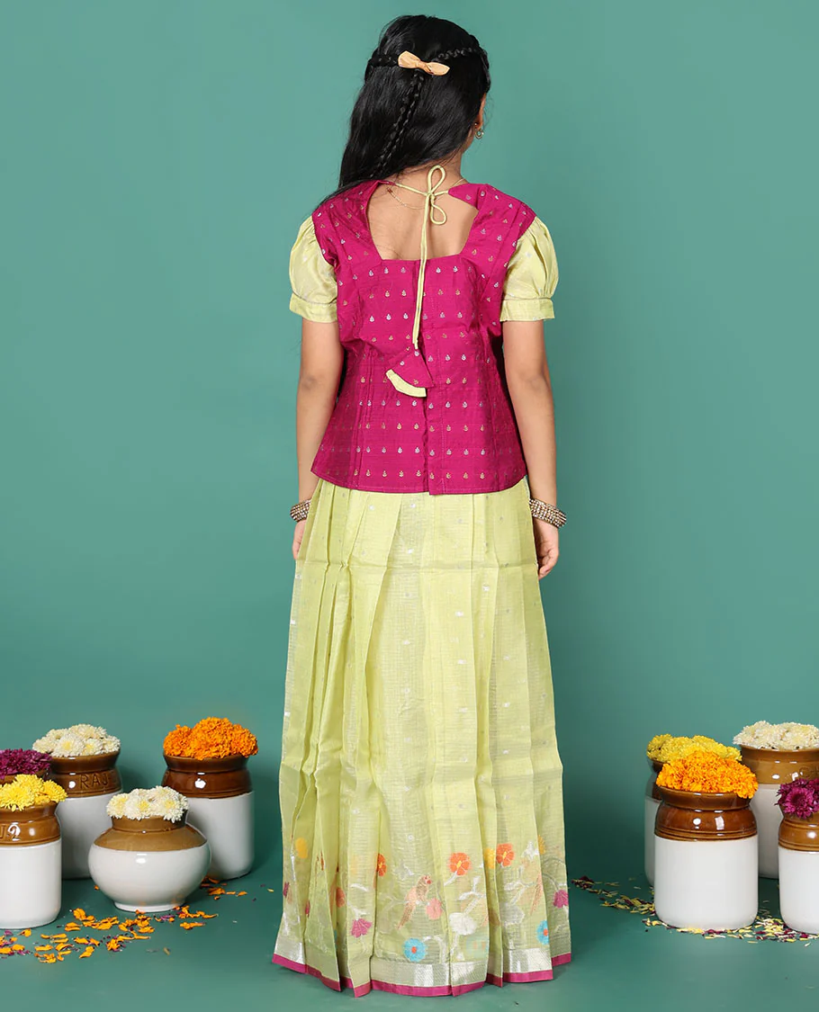 Green readymade art silk pavadai, zari buttas & floral vine border skirt & contrast zari buttas round neck puff-sleeve blouse - Image 5