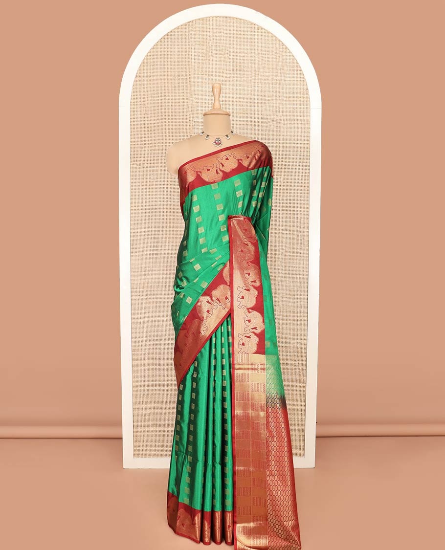 Green Semi-Soft Silk Saree Artfully Detailed with Square-Shaped Buttas Woven All Over Its Body, Complemented by a Contrast Elephant Motifs Zari Border, Pallu Highlighted with Chevron Designs, and Paired with a Contrast Blouse - Image 3