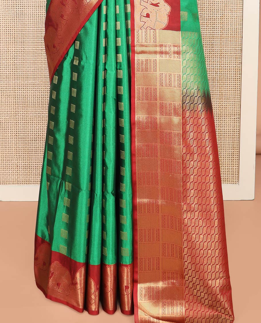 Green Semi-Soft Silk Saree Artfully Detailed with Square-Shaped Buttas Woven All Over Its Body, Complemented by a Contrast Elephant Motifs Zari Border, Pallu Highlighted with Chevron Designs, and Paired with a Contrast Blouse - Image 4