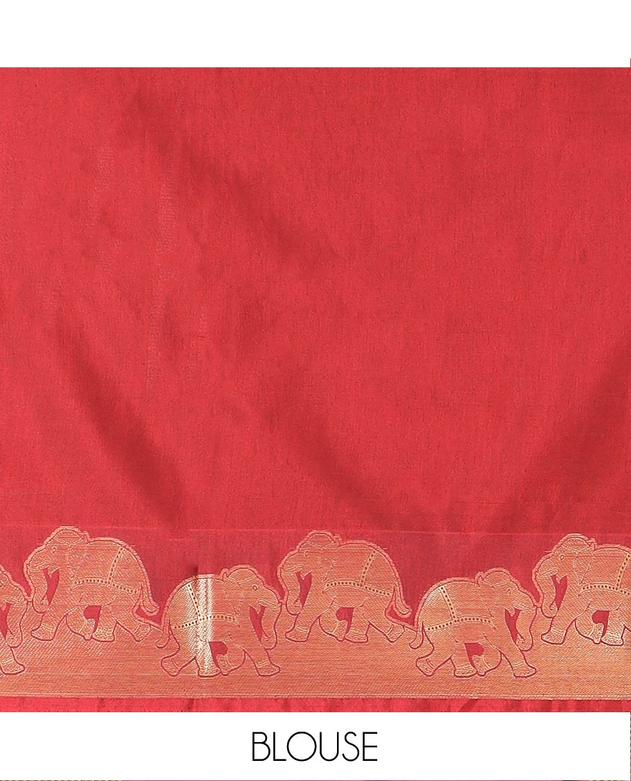 Green Semi-Soft Silk Saree Artfully Detailed with Square-Shaped Buttas Woven All Over Its Body, Complemented by a Contrast Elephant Motifs Zari Border, Pallu Highlighted with Chevron Designs, and Paired with a Contrast Blouse - Image 5