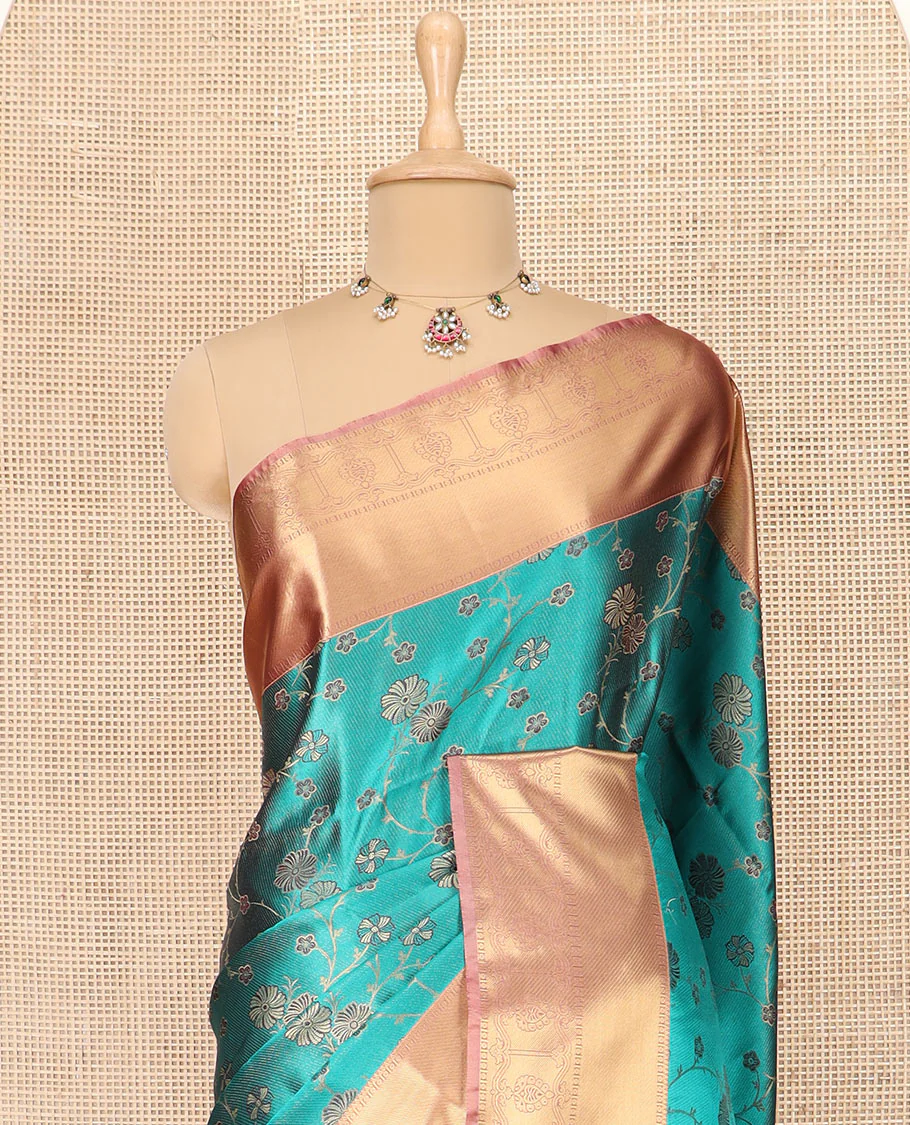 Green Semi-Soft Silk Saree Beautified with Floral Jaal Design All Over Its Body, Complemented by a Contrast Traditional Zari Design Border, Pallu of Intricate Designs, and Paired with a Contrast Blouse - Image 2