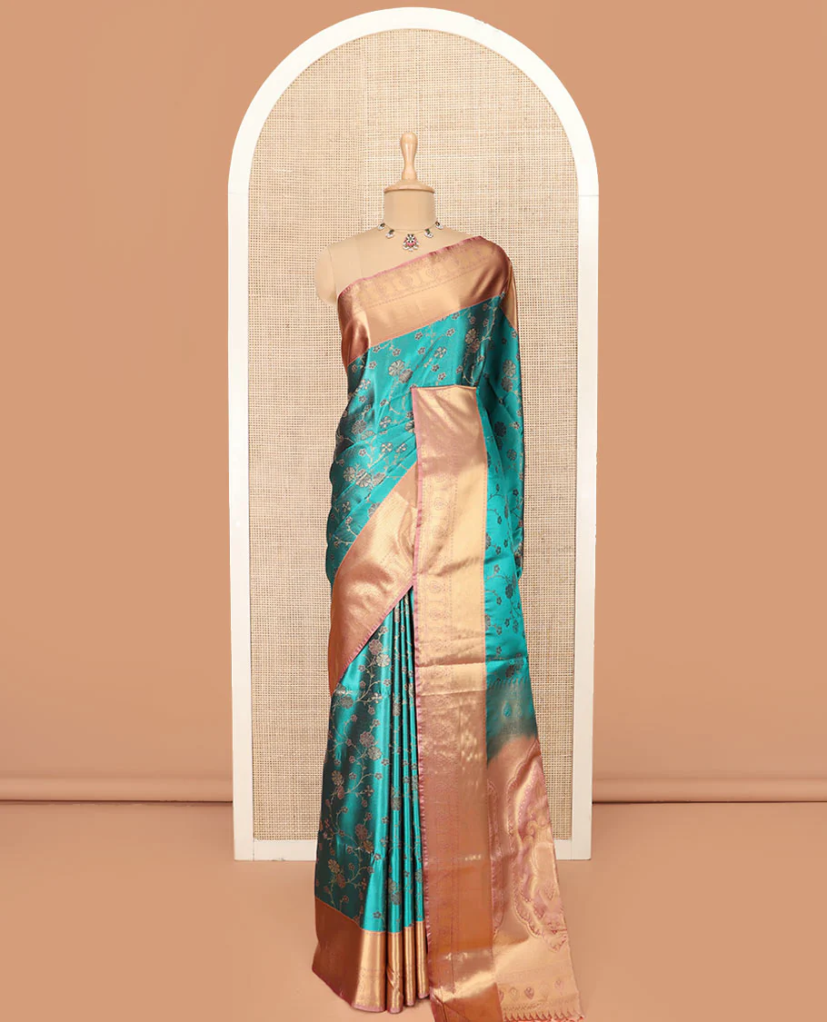 Green Semi-Soft Silk Saree Beautified with Floral Jaal Design All Over Its Body, Complemented by a Contrast Traditional Zari Design Border, Pallu of Intricate Designs, and Paired with a Contrast Blouse - Image 3