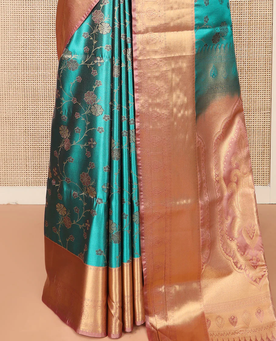 Green Semi-Soft Silk Saree Beautified with Floral Jaal Design All Over Its Body, Complemented by a Contrast Traditional Zari Design Border, Pallu of Intricate Designs, and Paired with a Contrast Blouse - Image 4