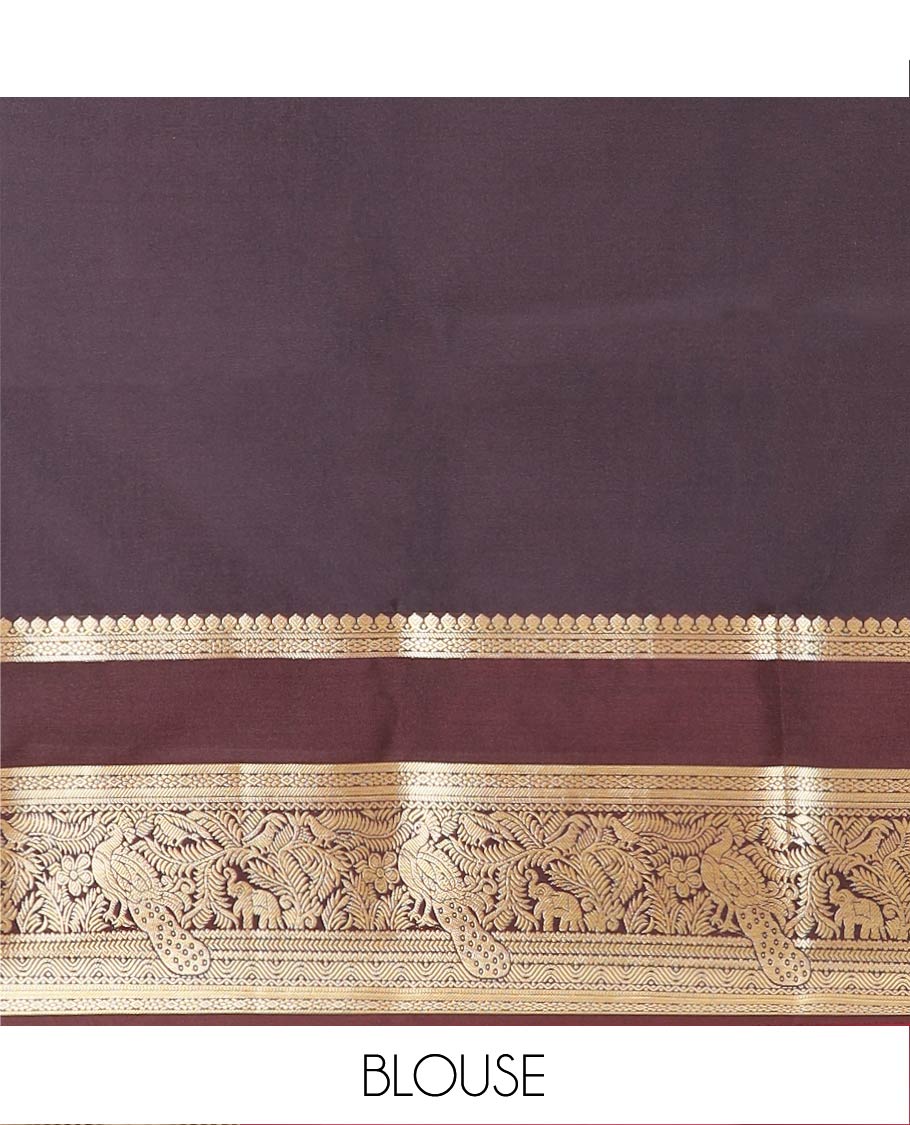 Green Semi-Soft Silk Saree Elevated with Intricate Designs Woven All Over Its Body, Complemented by Contrast Traditional Zari Design Rettai Pettu Border, Opulently Embellished Pallu of Intricate Zari Designs, and Paired with a Contrast Blouse - Image 5