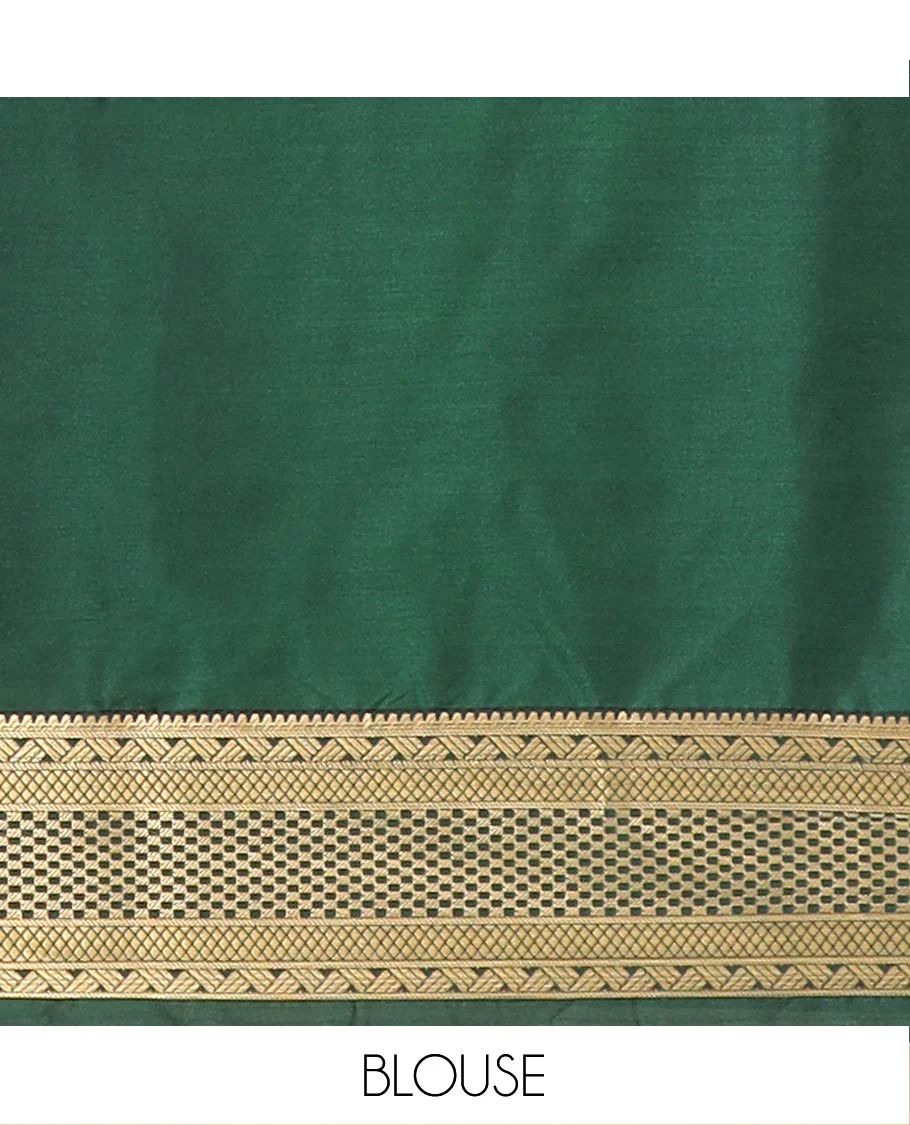Green Semi-Soft Silk Saree Enlivened with Paisley Design Woven All Over Its Body, Complemented by a Contrast Traditional Zari Design Border, Pallu Highlighted with Paisley Designs, and Paired with a Contrast Blouse - Image 5