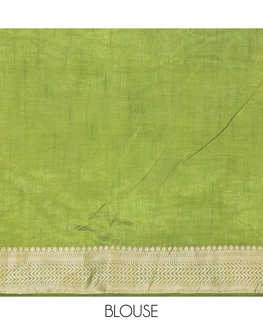 Green Semi-Tussar Saree Accentuated with Zig-Zag Strips Prints, Featuring a Self-border with Traditional Motifs, a Zari-Striped Pallu, Paired with a Matching Blouse - Image 3
