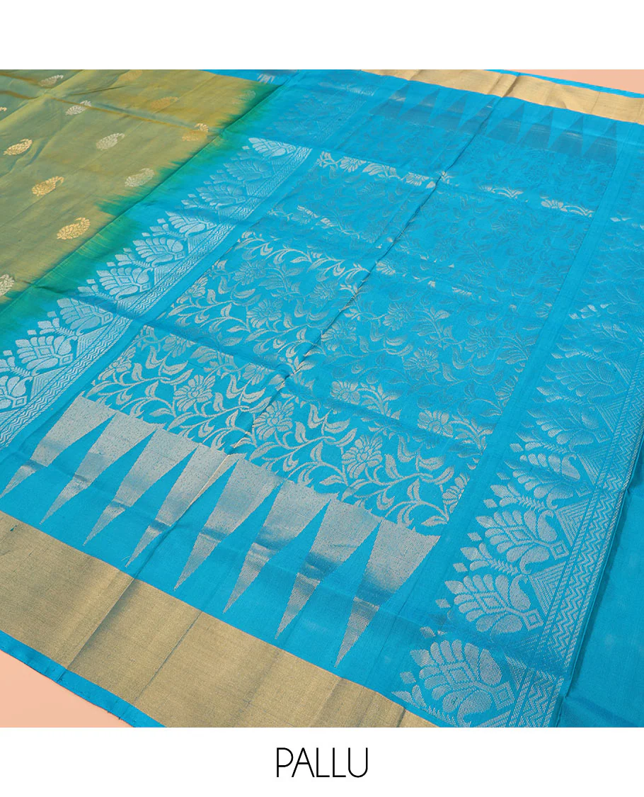 Green Uppada Silk Saree Beautified with Paisley Buttas, Subtle Contrast Border of Temple Gopuram Motifs, Captivating Pallu Featuring Floral Jaal Design, and Paired with a Contrast Blouse - Image 5