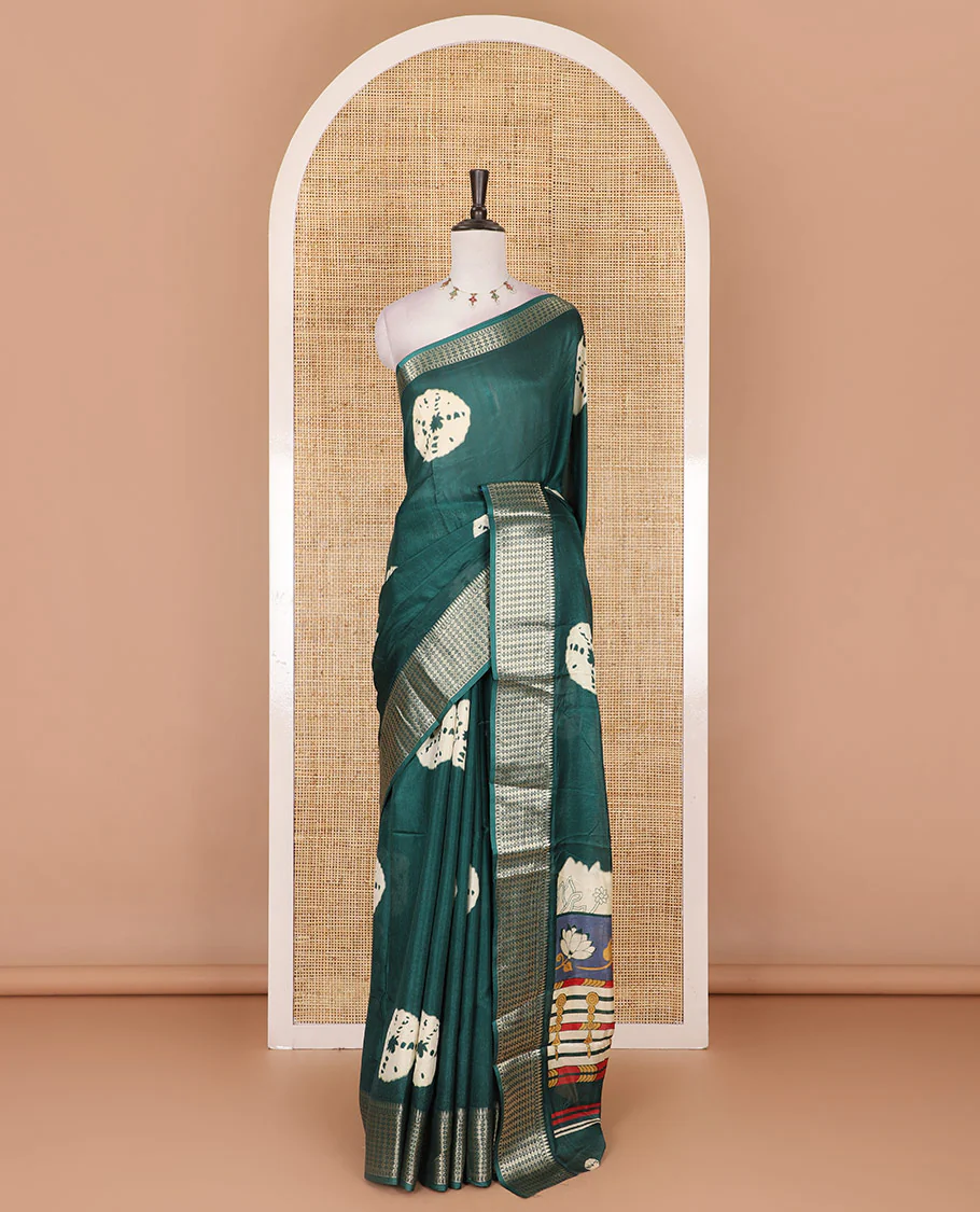 Green shibori printed dola silk saree, traditional zari border, printed pallu, and blouse of print, and zari work - Image 2