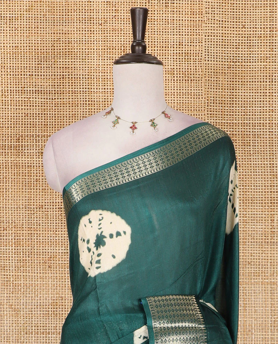 Green shibori printed dola silk saree, traditional zari border, printed pallu, and blouse of print, and zari work - Image 3