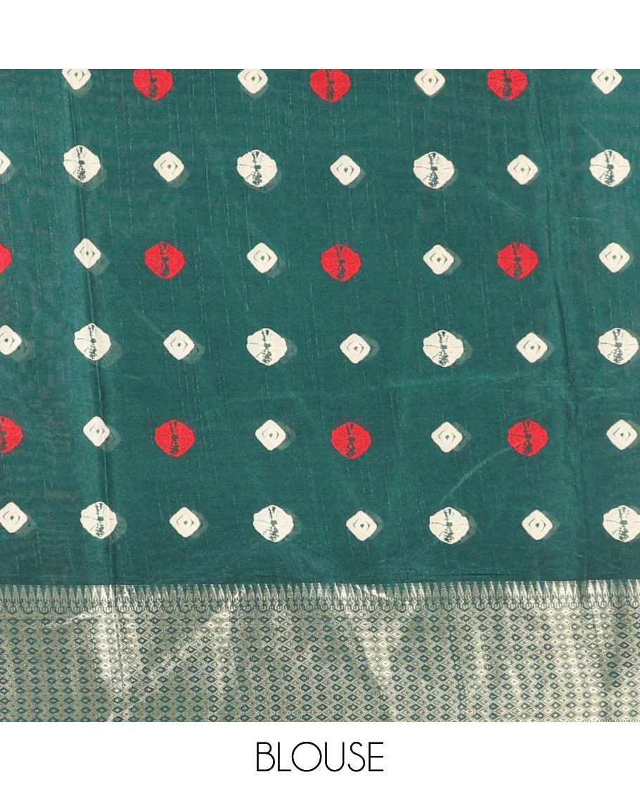 Green shibori printed dola silk saree, traditional zari border, printed pallu, and blouse of print, and zari work - Image 4