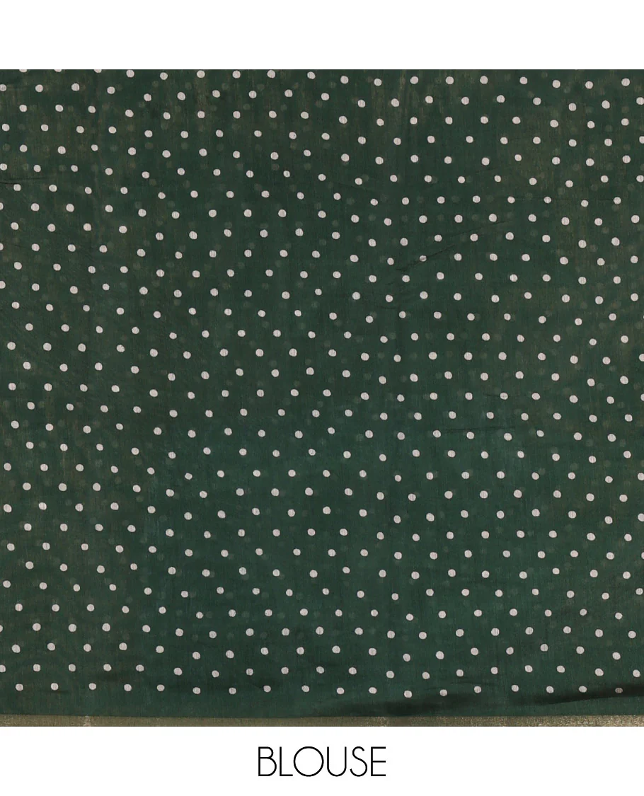 Green shibori printed muslin cotton saree, contrast zari border, village theme printed pallu, and a contrast dots printed blouse - Image 3