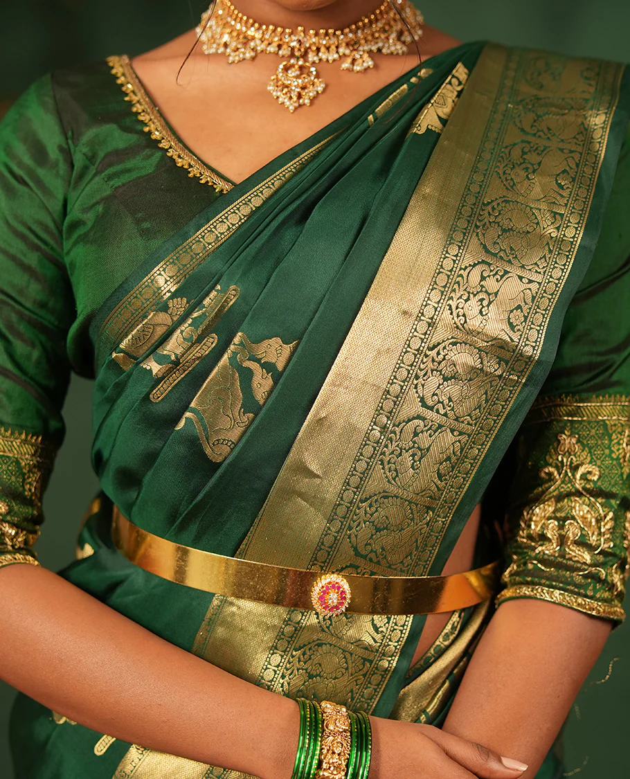 Green singam and yaanai zari buttas woven Vasundhara silk saree, zari border of mayil kann, rudraksham, muthu, mayil, and yaali designs, and intricate pallu - Image 4
