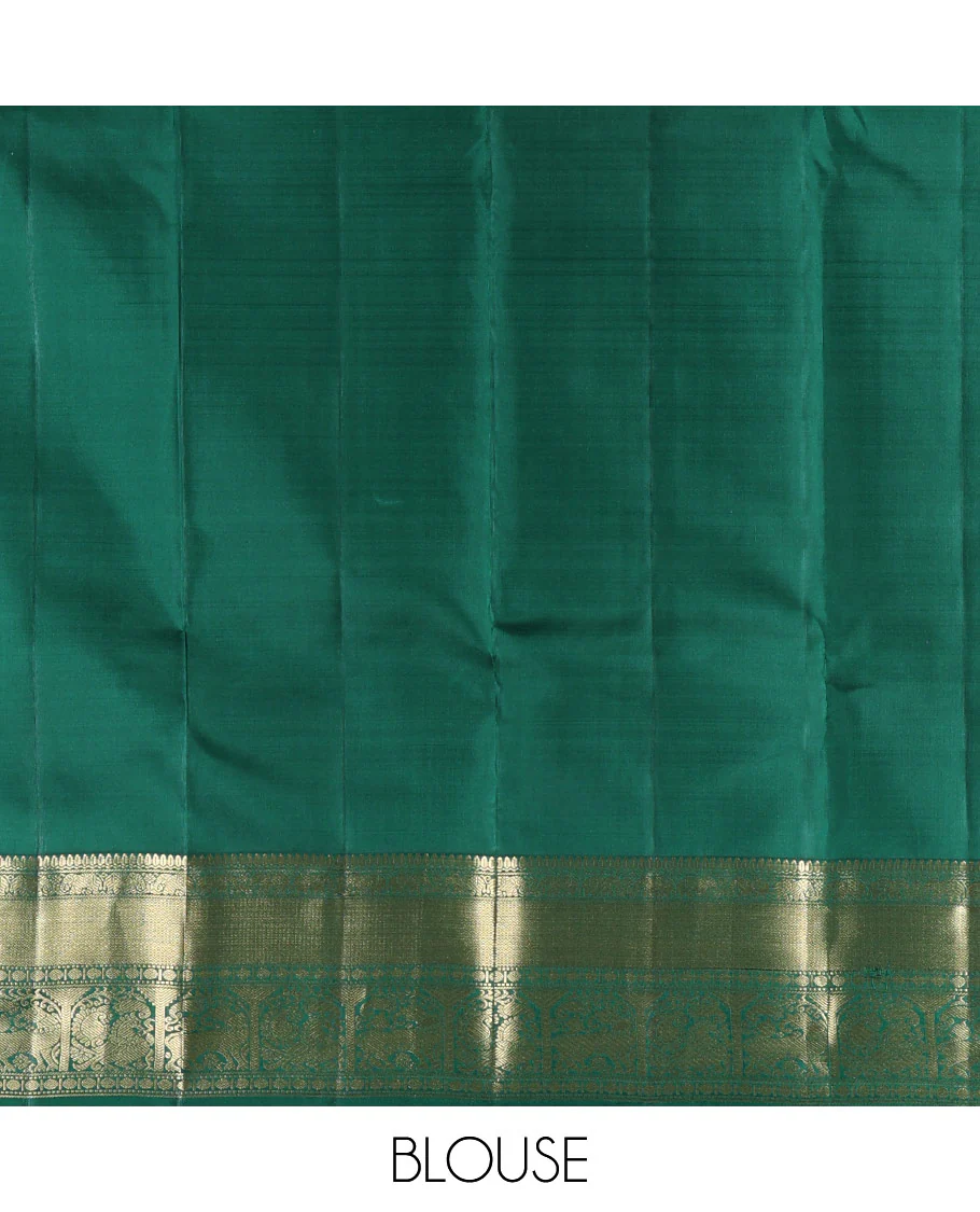 Green singam and yaanai zari buttas woven Vasundhara silk saree, zari border of mayil kann, rudraksham, muthu, mayil, and yaali designs, and intricate pallu - Image 5