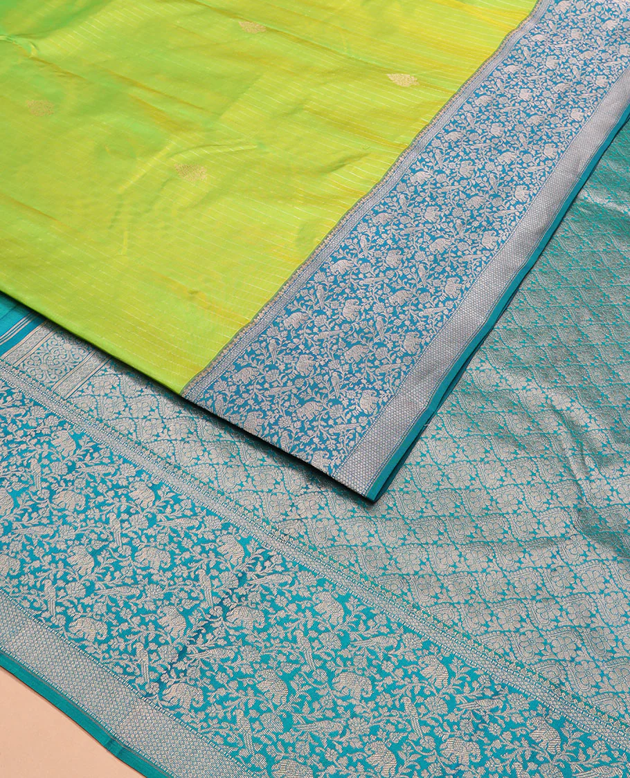 Green striped and zari buttas Vasundhara silk saree with contrast border of yaanai, killi, and kodi visiry designs, and jaal p - Image 2