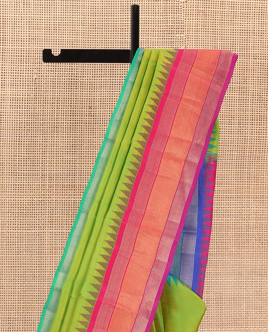 Green striped Bangalore silk saree, contrast ganga jamuna temple border, and temple design pallu - Image 4