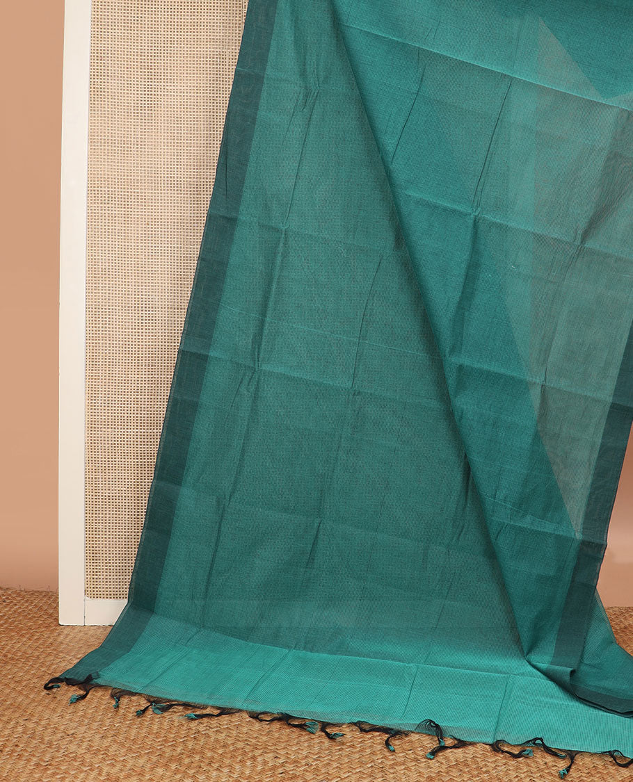 Green striped chirala cotton saree, plain border, and contrast floral vine printed blouse - Image 2