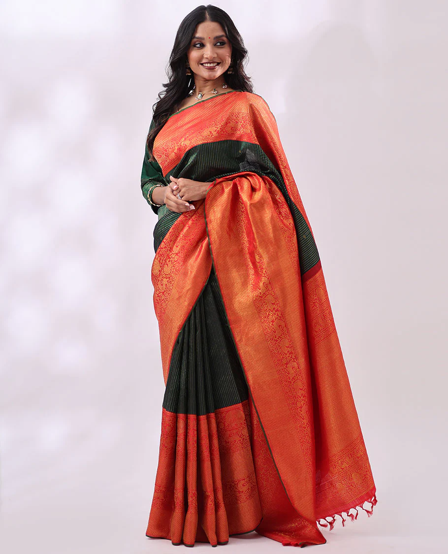 Green striped, floral design Samudrika silk saree with contrast thilakam mokku, banaras, mayil design & zari design pallu