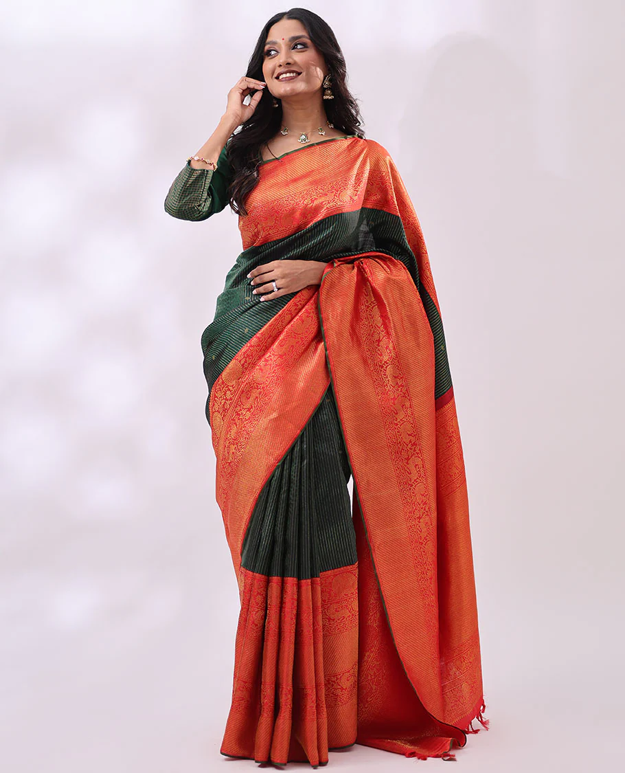 Green striped, floral design Samudrika silk saree with contrast thilakam mokku, banaras, mayil design & zari design pallu - Image 3