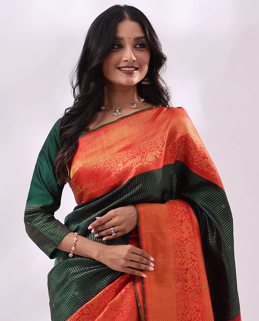 Green striped, floral design Samudrika silk saree with contrast thilakam mokku, banaras, mayil design & zari design pallu - Image 4
